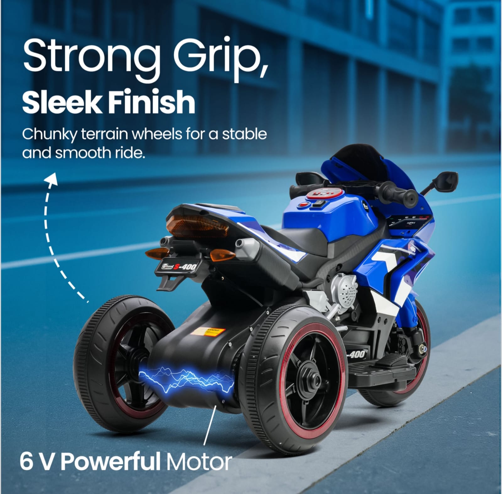 Blue 3 wheeler electric bike for kids, side view, designed for smooth rides at biggest toy sale in Ahmedabad