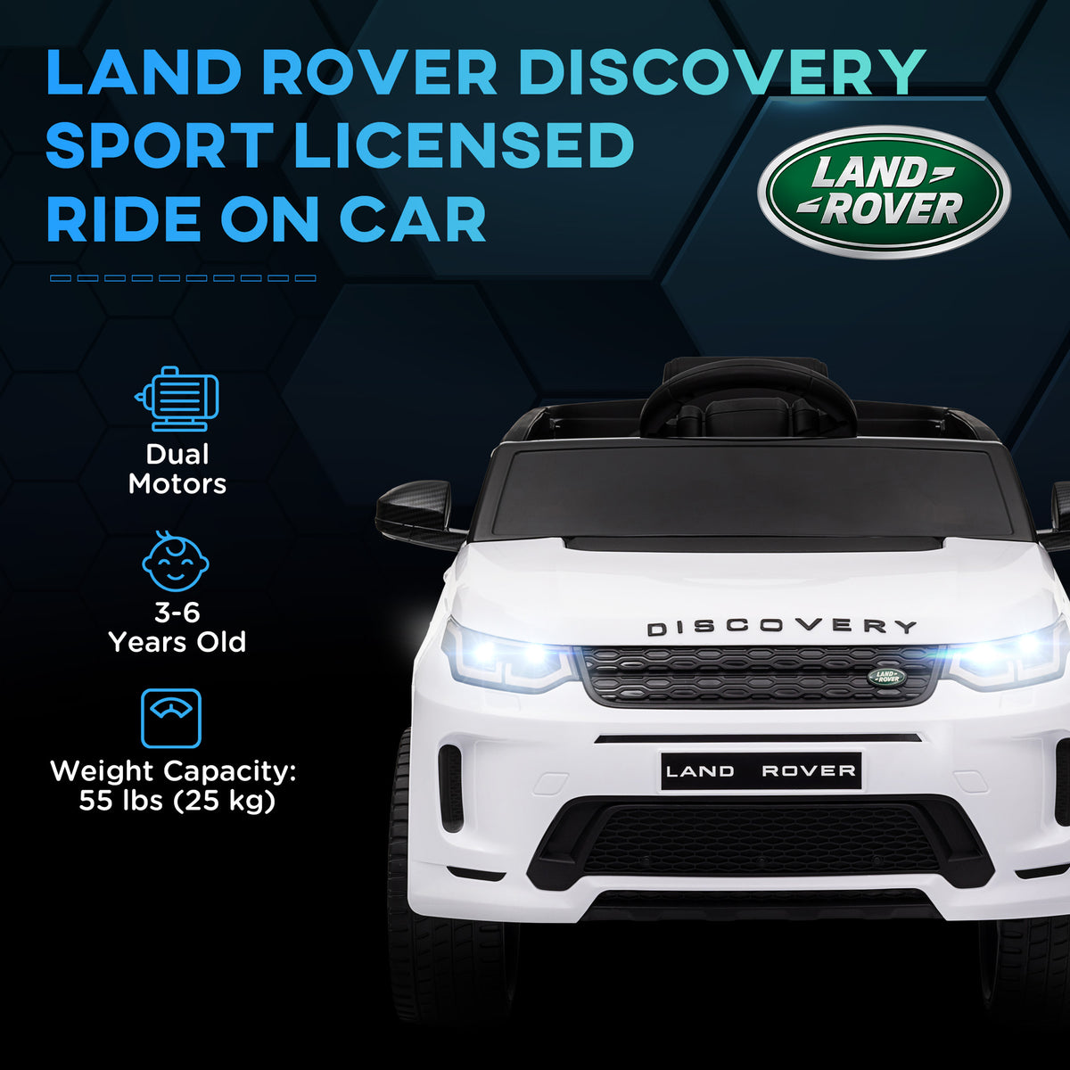 Licensed Land Rover Discovery Sport, 12V Kids Ride On Car W/ Remote Control, Lights, Music, Horn, For 3-6 Years, White
