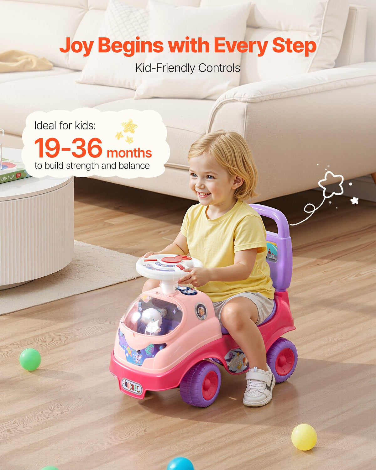 Ride On Toddler Push Car, Push Car For Toddler 19 To 36 Months, Kids Ride On Toy With Horn & Music, 48.5 Lbs Load Capacity, Under-seat Storage, Foot-to-Floor Walker For Toddlers Boys Girls, Pink