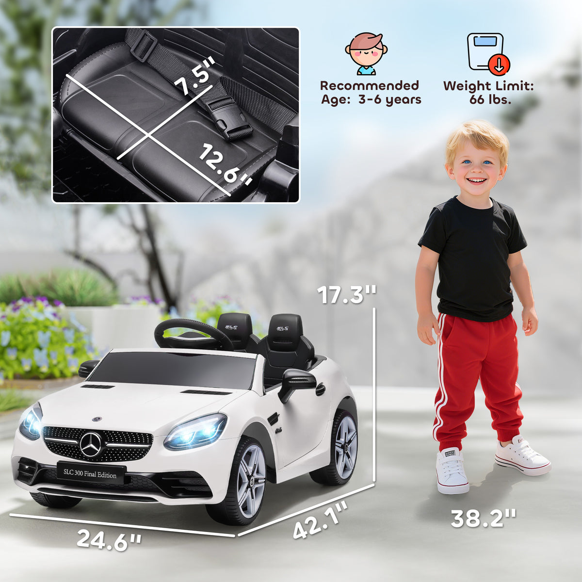 Mercedes SLC 300 Licensed Kids Electric Car With Remote Control, 12V Battery Powered Kids Ride On Car With Music, Lights, Suspension For 3-6 Years Old, White