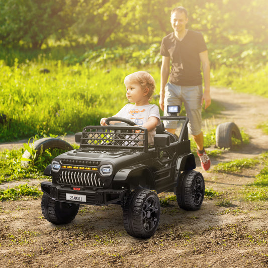 12V Battery Powered Ride On Truck, Kids Electric Car with Spring Suspension, Remote, Horn, USB Music, Black