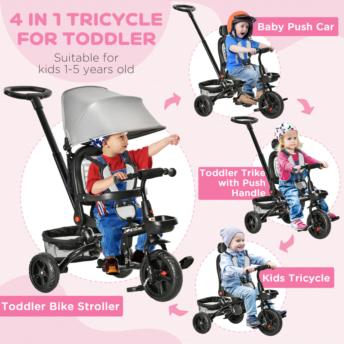 Kids Tricycle, 4 In 1 Foldable Trike With Reversible Seat, Adjustable Parent Handle, Safety Harness, Wheel Brakes, Removable Canopy, Storage, Tricycle For Toddlers 1-5 Years, Gray