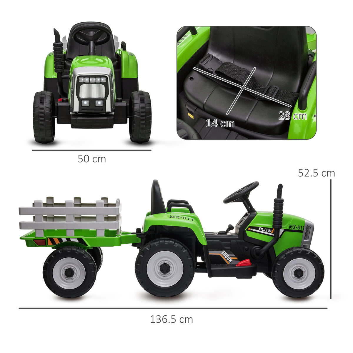 Ride On Tractor, Battery Powered Electric Car, With Detachable Trailer, Remote Control, Music - Green