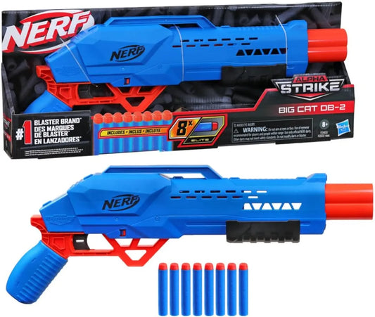 Nerf Alpha Strike Big Cat Db-2 Blaster, Double-Barrel Blasting, 2 Darts in a Row, Includes 8 Official Nerf Elite Darts, Multicolor