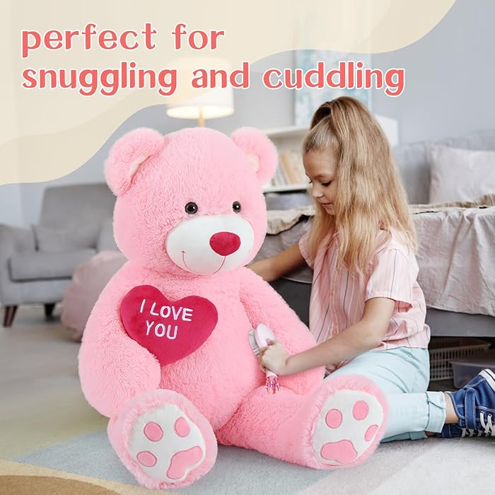 Red Heart Giant Teddy Bears, Big Teddy Bear Stuffed Animals with Embroidered I Love You for Girlfriend, Huge Valentines Fluffy Teddy Bear Birthday Gifts