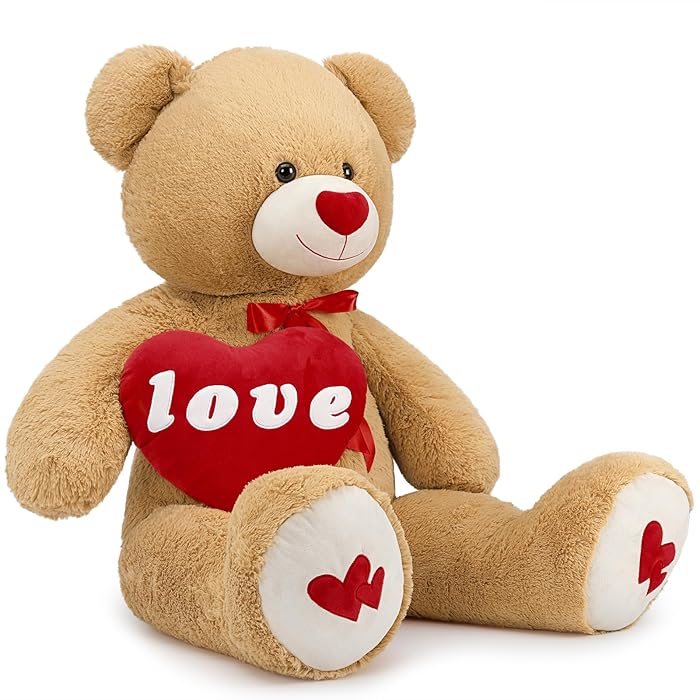 XXL Giant Teddy Bear with Love, 130cm Large Brown Valentines Teddy for Girlfriend, Cuddly Soft Teddy with Red Heart, Fluffly Big Plush Toy Gift for Kids Wife Birthday | Valentines Day Gift