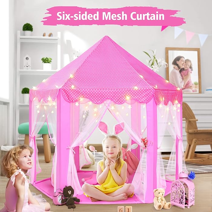 Princess Tent Girls Large Playhouse Kids Castle Play Tent with Star Lights Toy Gift for Children Indoor and Outdoor Games