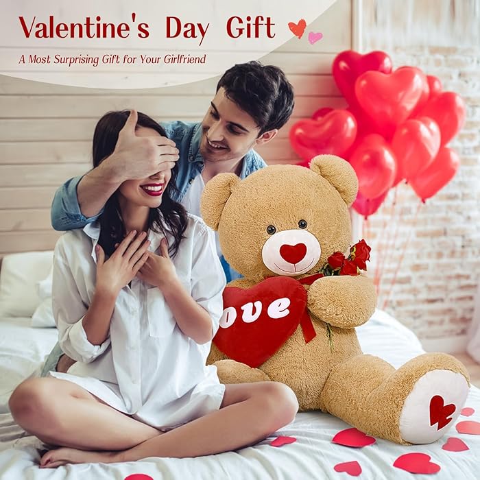 XXL Giant Teddy Bear with Love, 130cm Large Brown Valentines Teddy for Girlfriend, Cuddly Soft Teddy with Red Heart, Fluffly Big Plush Toy Gift for Kids Wife Birthday | Valentines Day Gift