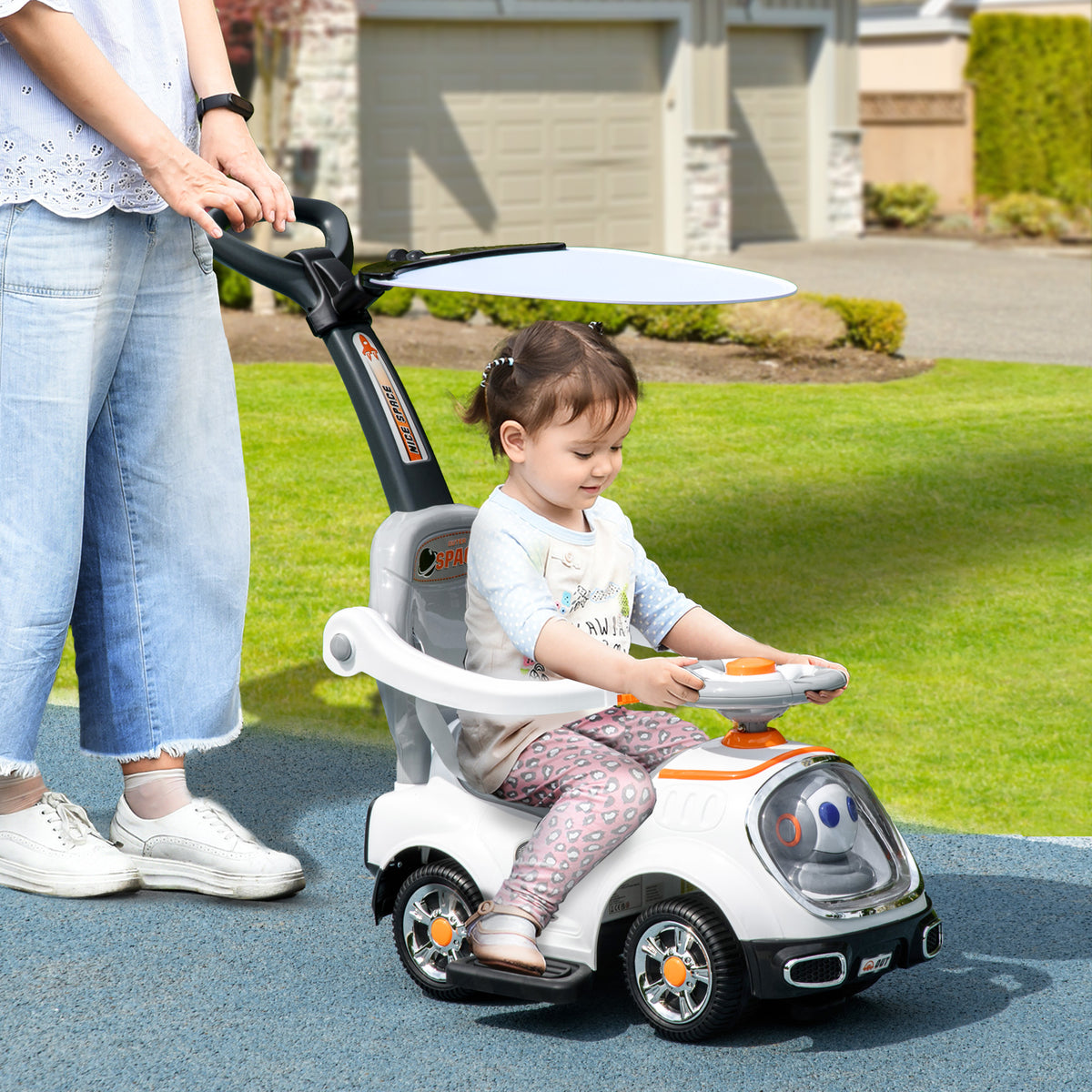3 In 1 Ride On Push Car, Cartoon Robot Theme Foot To Floor Slider W Handle Light Music Horn, Storage - White
