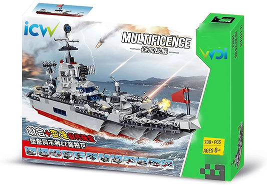 ICW Multifence Convertible 13 in 1 Warship Military Battle Navy Ship Cruise Weapon Building Blocks Bricks DIY Assemble Educational Toys Construction Set 739 pcs