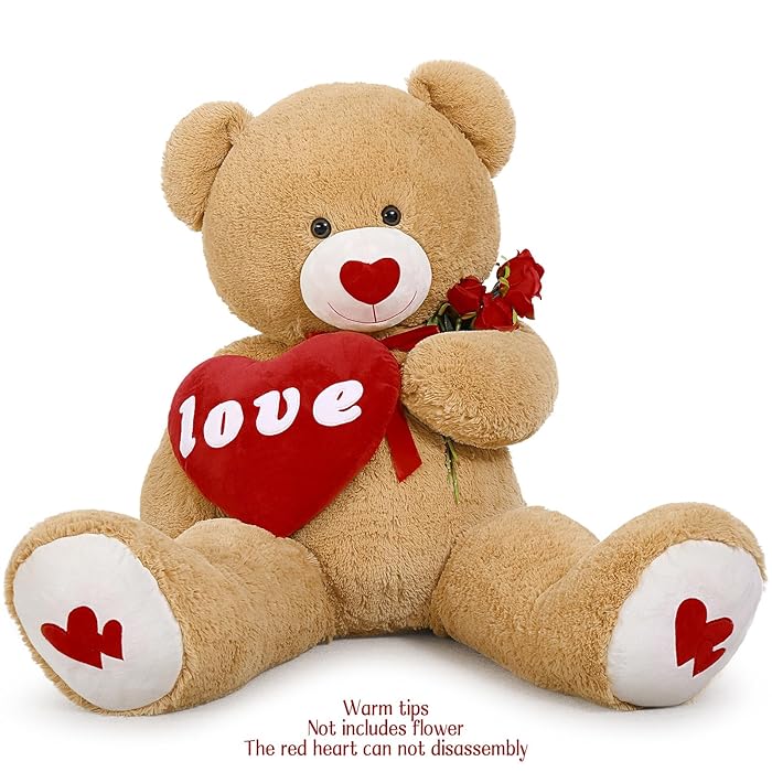 XXL Giant Teddy Bear with Love, 130cm Large Brown Valentines Teddy for Girlfriend, Cuddly Soft Teddy with Red Heart, Fluffly Big Plush Toy Gift for Kids Wife Birthday | Valentines Day Gift