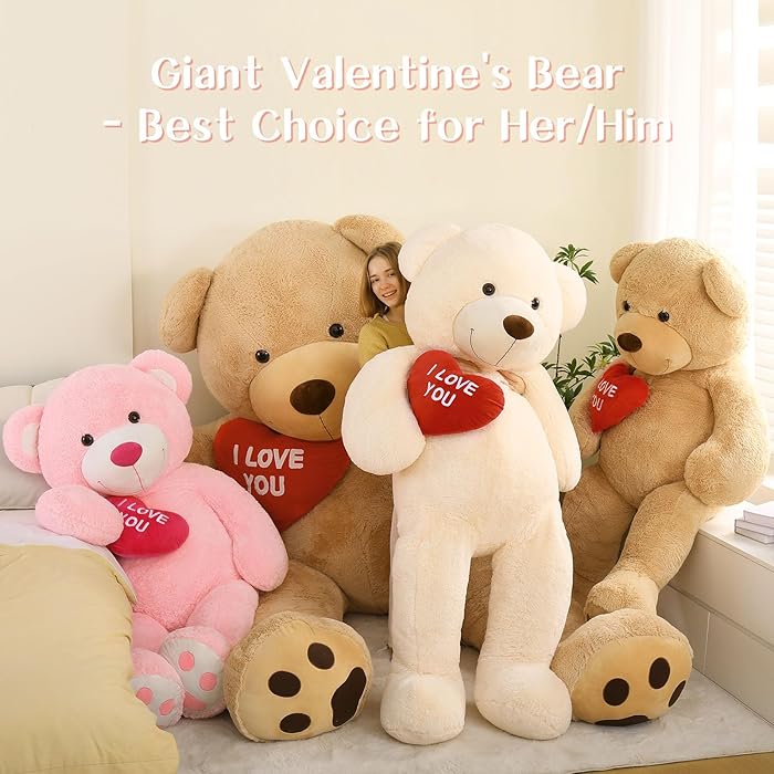 Red Heart Giant Teddy Bears, Big Teddy Bear Stuffed Animals with Embroidered I Love You for Girlfriend, Huge Valentines Fluffy Teddy Bear Birthday Gifts