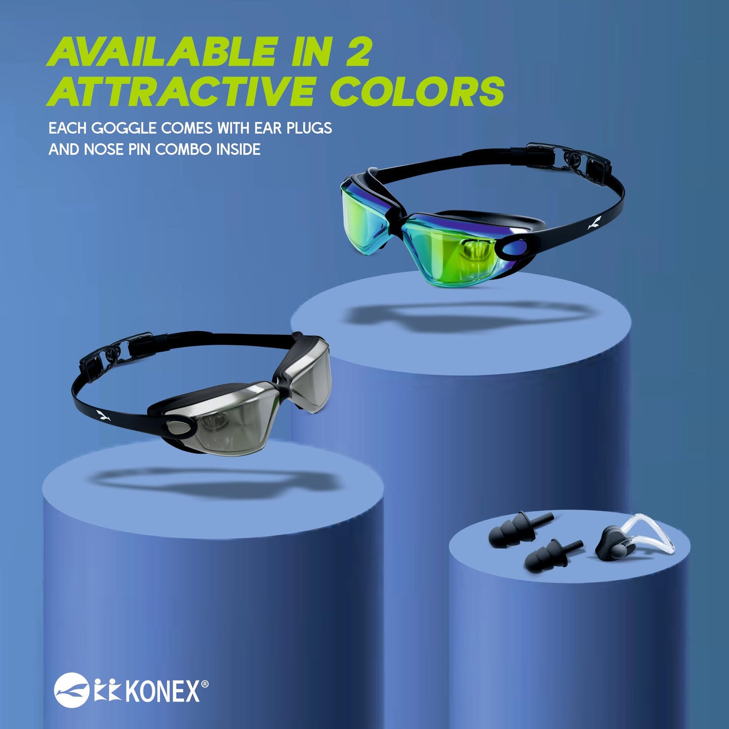 KONEX Anti-Fog Premium Swimming Goggles for Men & Women with UV Protection | Comes Along with Ear Plugs & Nose Pin | Ideal for Children & Adults | Sam's Toy World