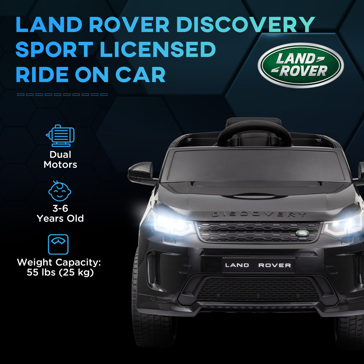 Licensed Land Rover Discovery Sport, 12V Kids Ride On Car W/ Remote Control, Lights, Music, Horn, For 3-6 Years, Black