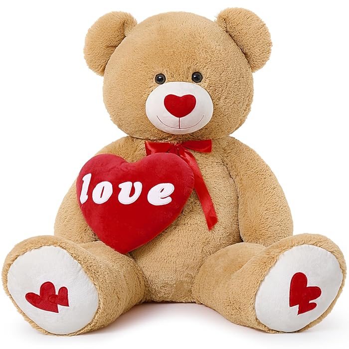 XXL Giant Teddy Bear with Love, 130cm Large Brown Valentines Teddy for Girlfriend, Cuddly Soft Teddy with Red Heart, Fluffly Big Plush Toy Gift for Kids Wife Birthday | Valentines Day Gift