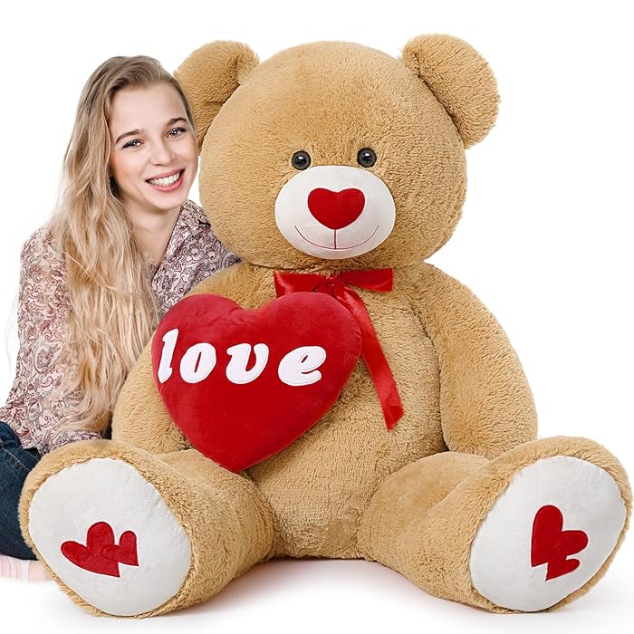 XXL Giant Teddy Bear with Love, 130cm Large Brown Valentines Teddy for Girlfriend, Cuddly Soft Teddy with Red Heart, Fluffly Big Plush Toy Gift for Kids Wife Birthday | Valentines Day Gift