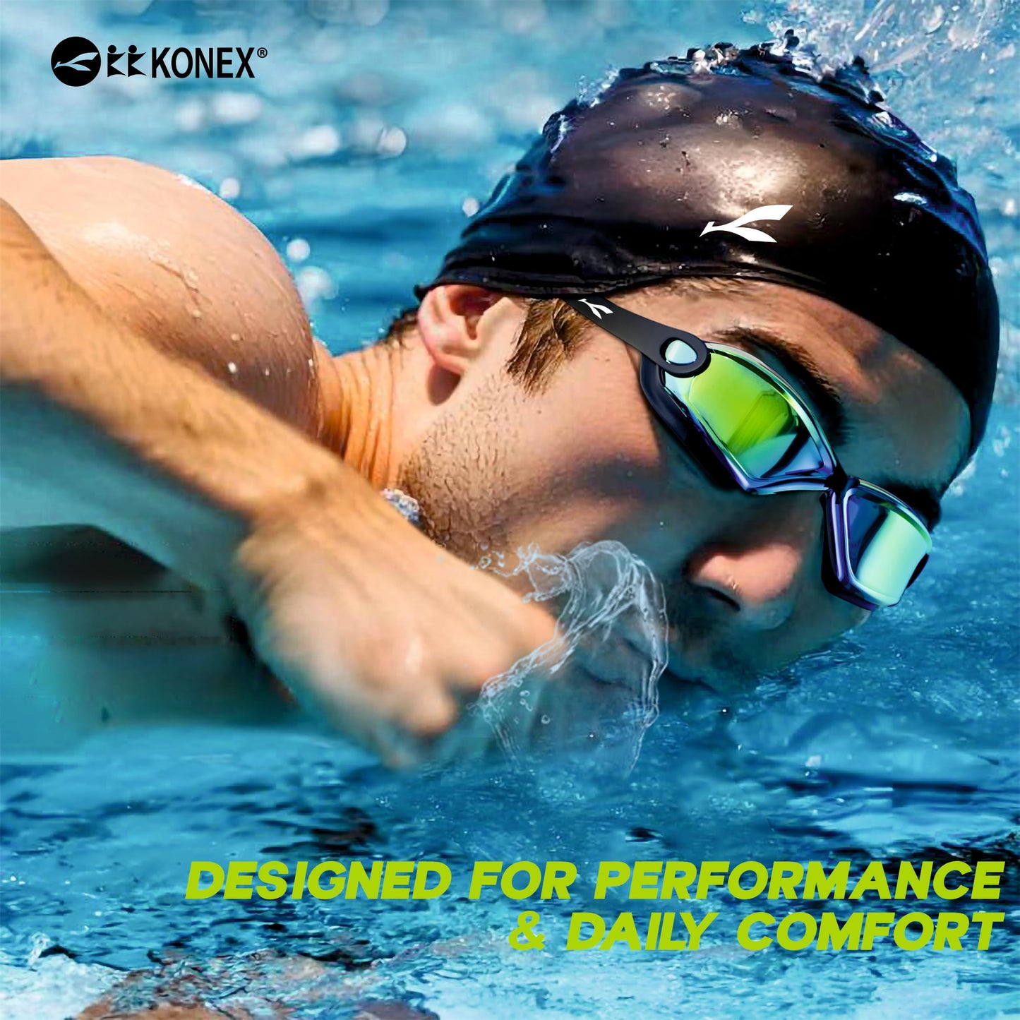 KONEX Anti-Fog Premium Swimming Goggles for Men & Women with UV Protection | Comes Along with Ear Plugs & Nose Pin | Ideal for Children & Adults | Sam's Toy World