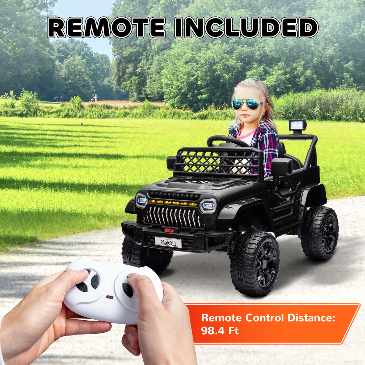 12V Battery Powered Ride On Truck, Kids Electric Car with Spring Suspension, Remote, Horn, USB Music, Black