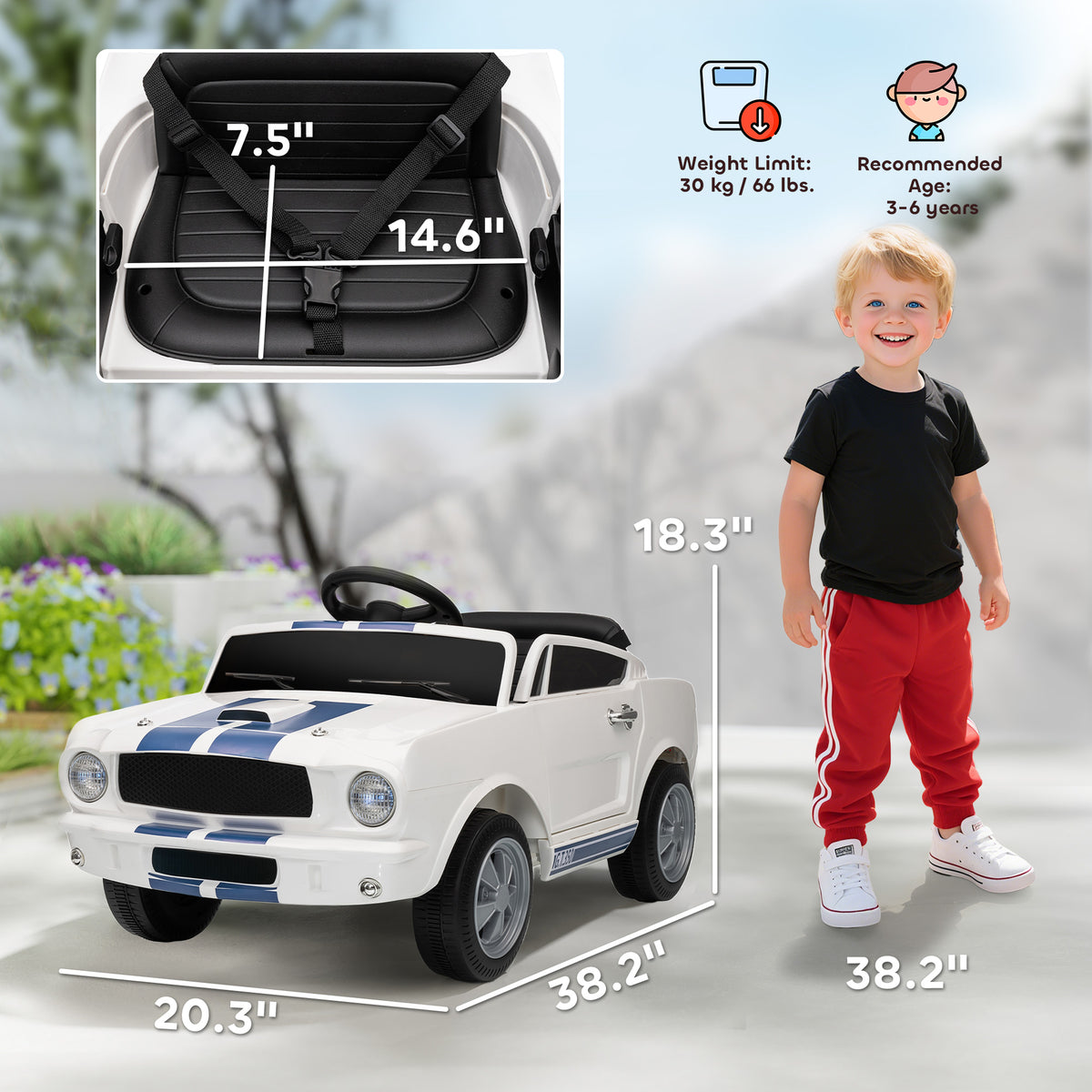 Licensed Ford Shelby GT 350 Kids Ride On Car with Remote Control, Adjustable Speed, MP3, Smooth Start, LED Lights, White