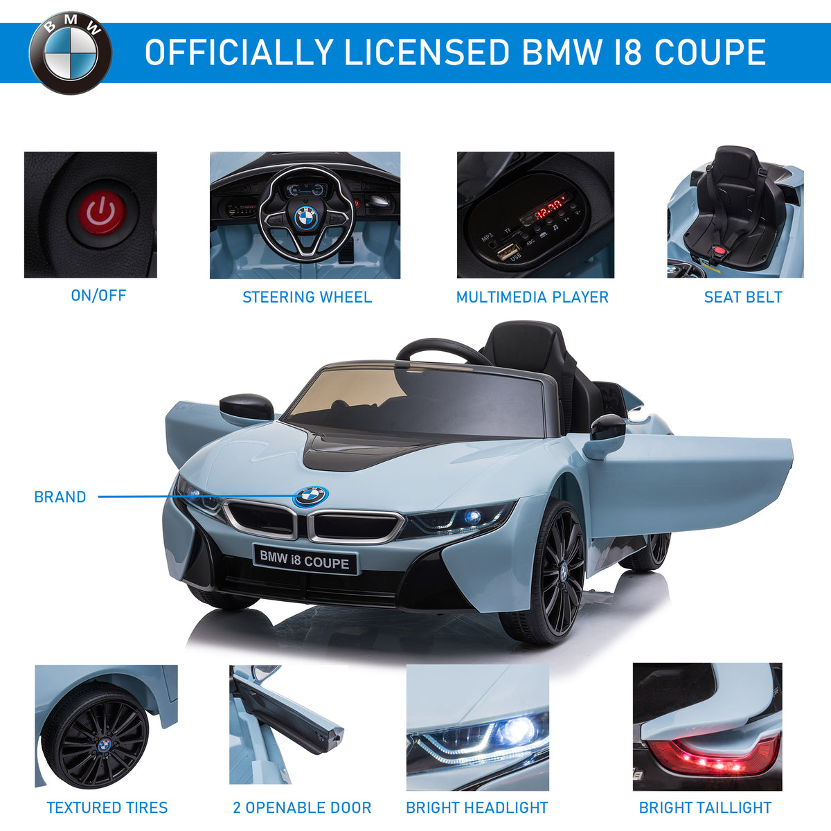 Licensed BMW I8 Coupe 6V Electric Car, Kids Ride-On Car, Battery Powered Toy with Remote Control Music Horn Lights Suspension for 37-96months Old, Blue