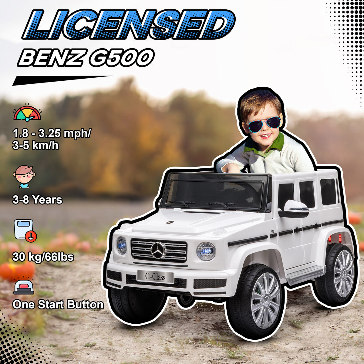 Mercedes Benz G500 Licensed 12V Kids Electric Ride On Car Toy With Parental Remote Control Battery-powered 2 Motors Music Lights MP3 For 3-8 Years Old White