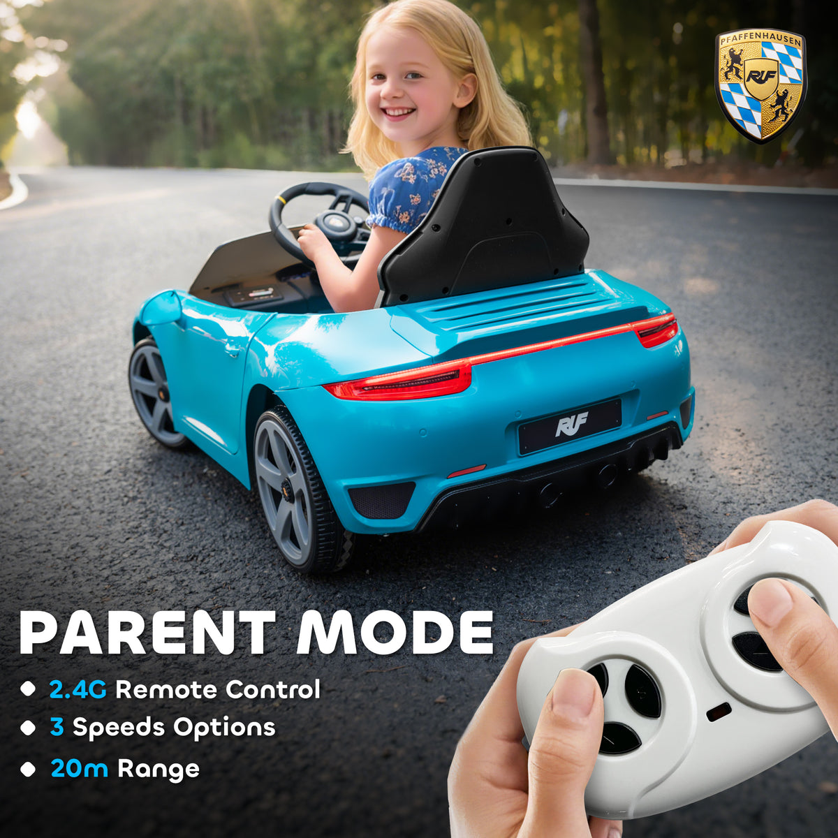 Kids Electric Car, 12V Licensed RUF GT Ride On Car With Suspension, Remote Control, Music, For 3-5 Years, Blue