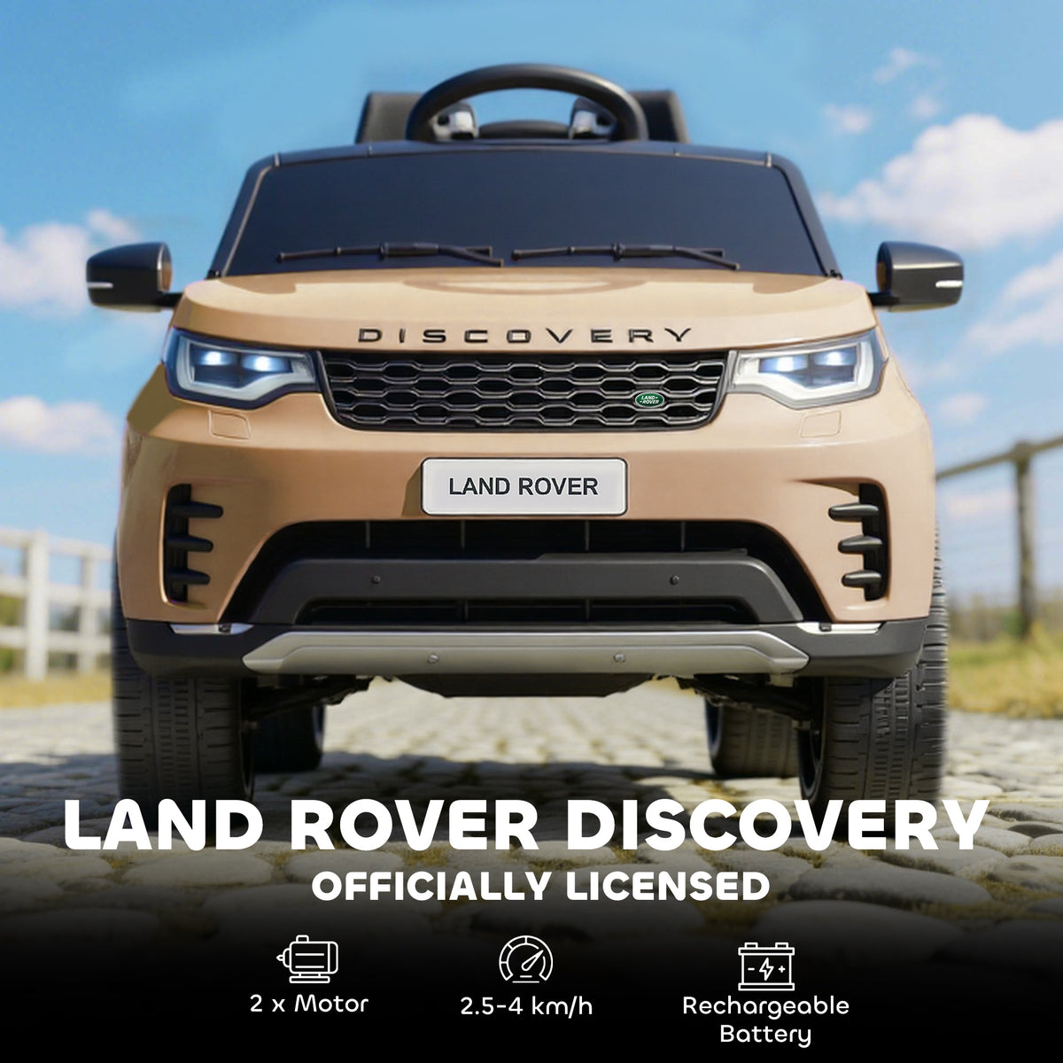 Land Rover Discovery Licensed 12V Kids Electric Car With Remote, 4 Wheel Suspension, Slow Start, Lights, Music, Khaki