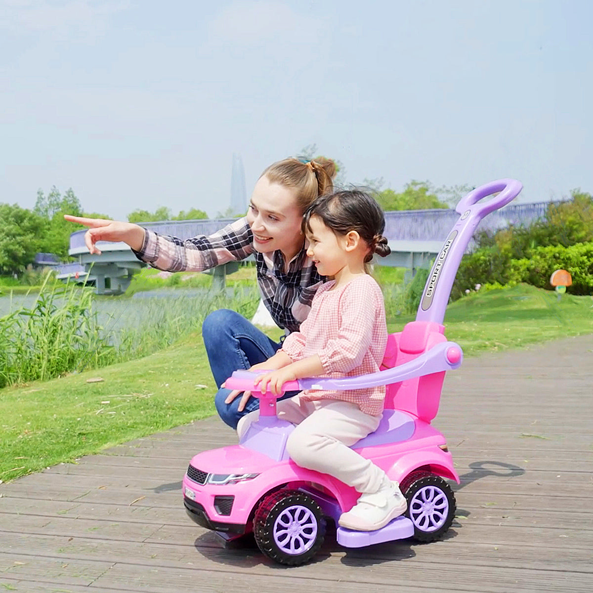 2 In 1 Push Cars For Toddlers Kid Ride On Push Car Stroller Sliding Car With Horn Music Light Function Secure Bar Ride On Toy For Boy Girl 1-3 Years Old Pink