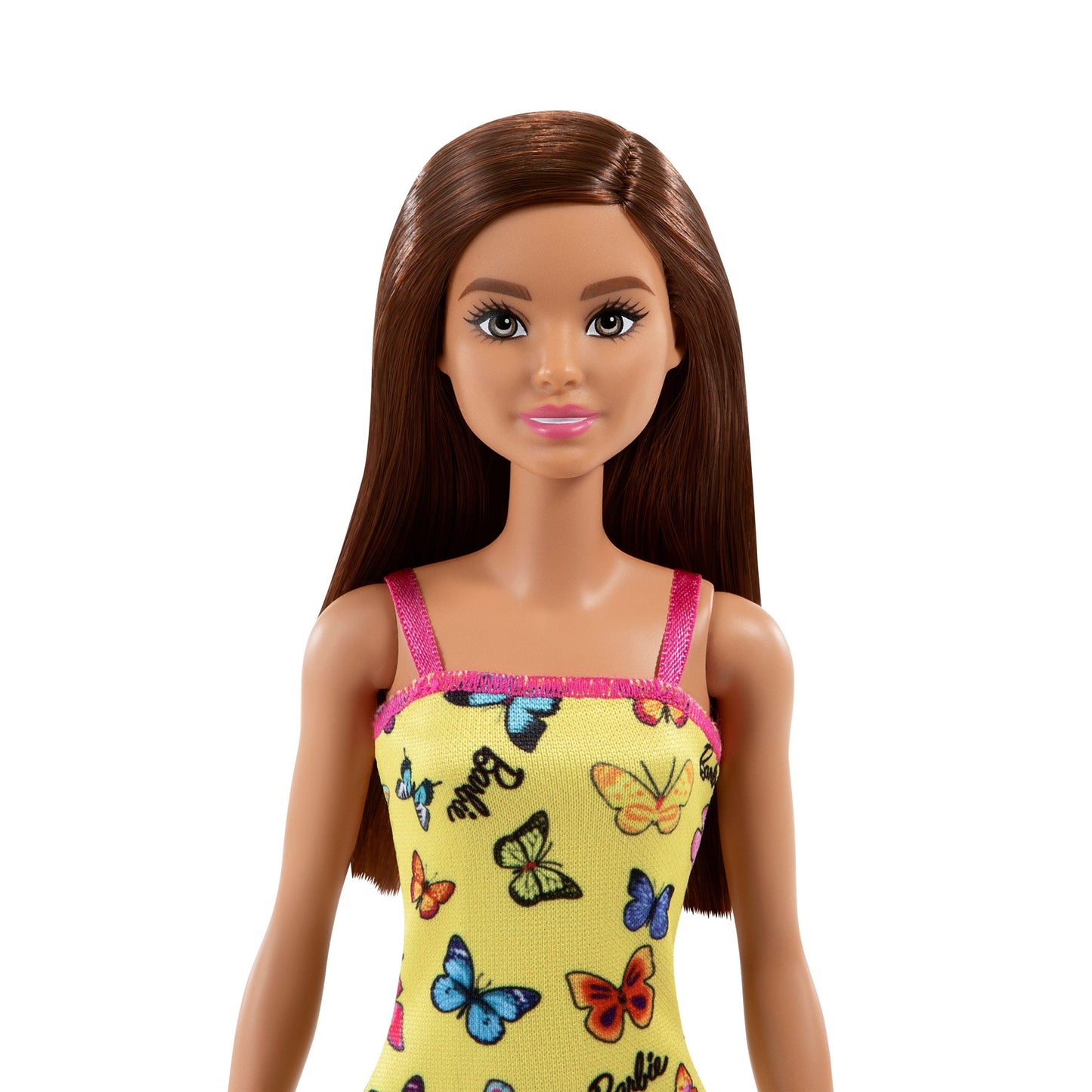 Barbie With Colorful Butterfly And Barbie Logo Print Dress & Strappy Heels - Yellow | Sams toy - samstoy.in