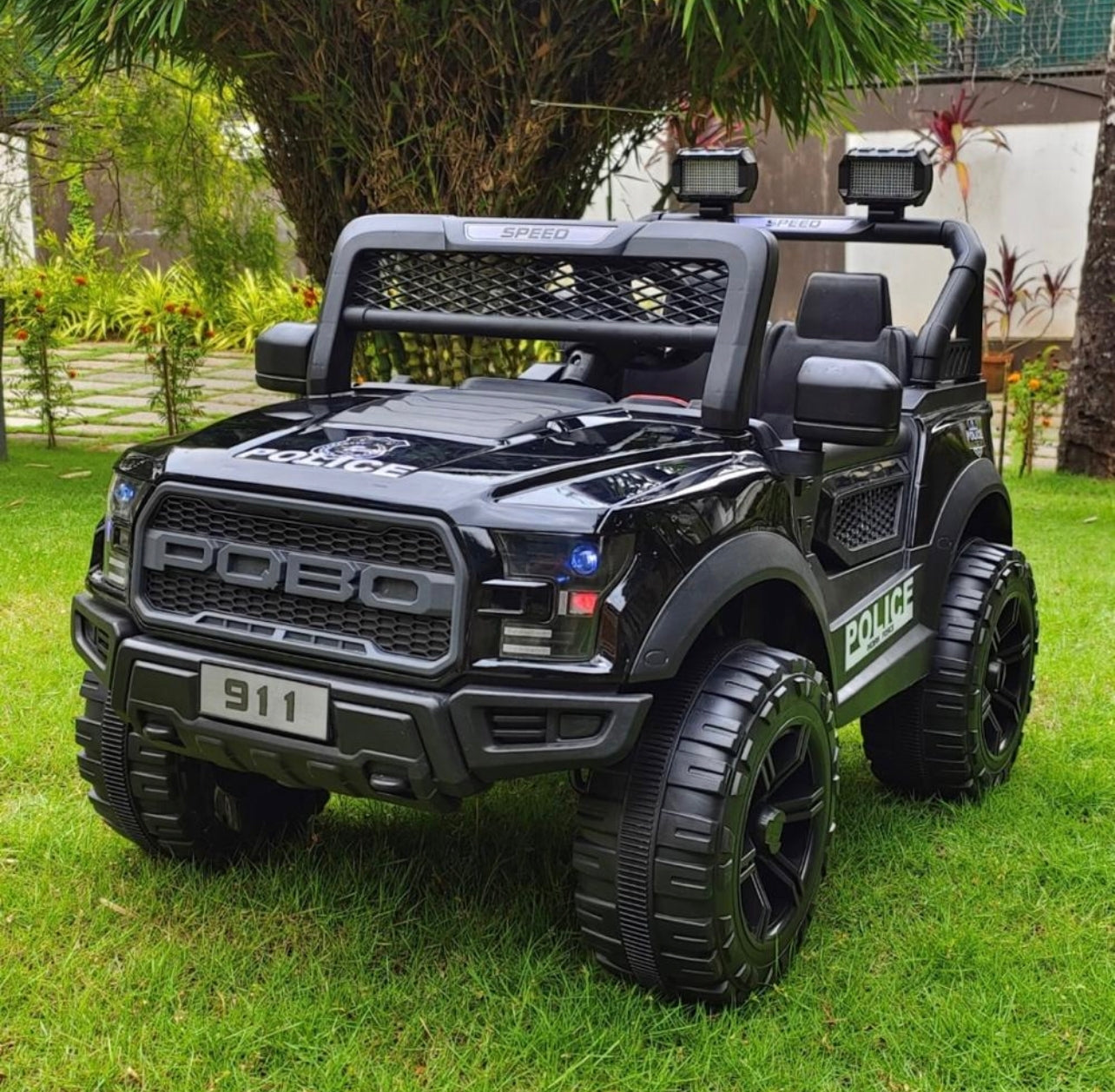 Black Pobo Kids Ride on Jeep with 12V Rechargeable Battery, Music, Lights and Remote Control | sams Toy World | Ahmedabad Gujarat samstoy.in