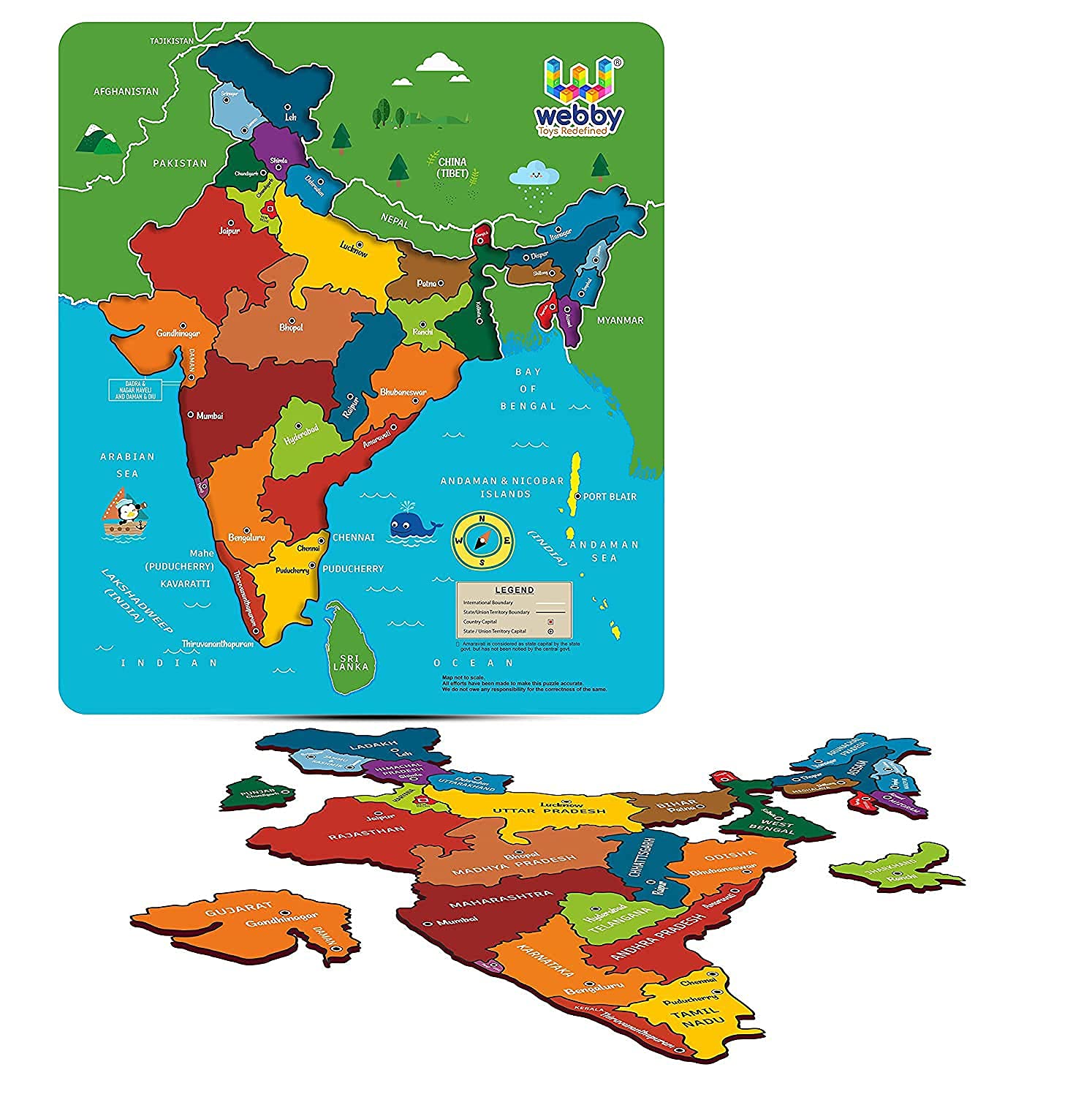 Buy 13 inch Webby Wooden Educational Learning India Political Map Puzzle Board for Kids - sams toy world shops in Ahmedabad - call on 9664998614 - best kids stores in Gujarat - Near me - discounted prices