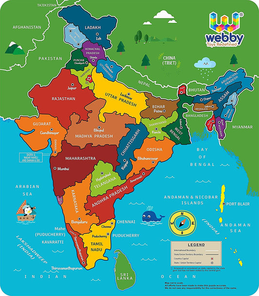 Buy 13 inch Webby Wooden Educational Learning India Political Map Puzzle Board for Kids - sams toy world shops in Ahmedabad - call on 9664998614 - best kids stores in Gujarat - Near me - discounted prices
