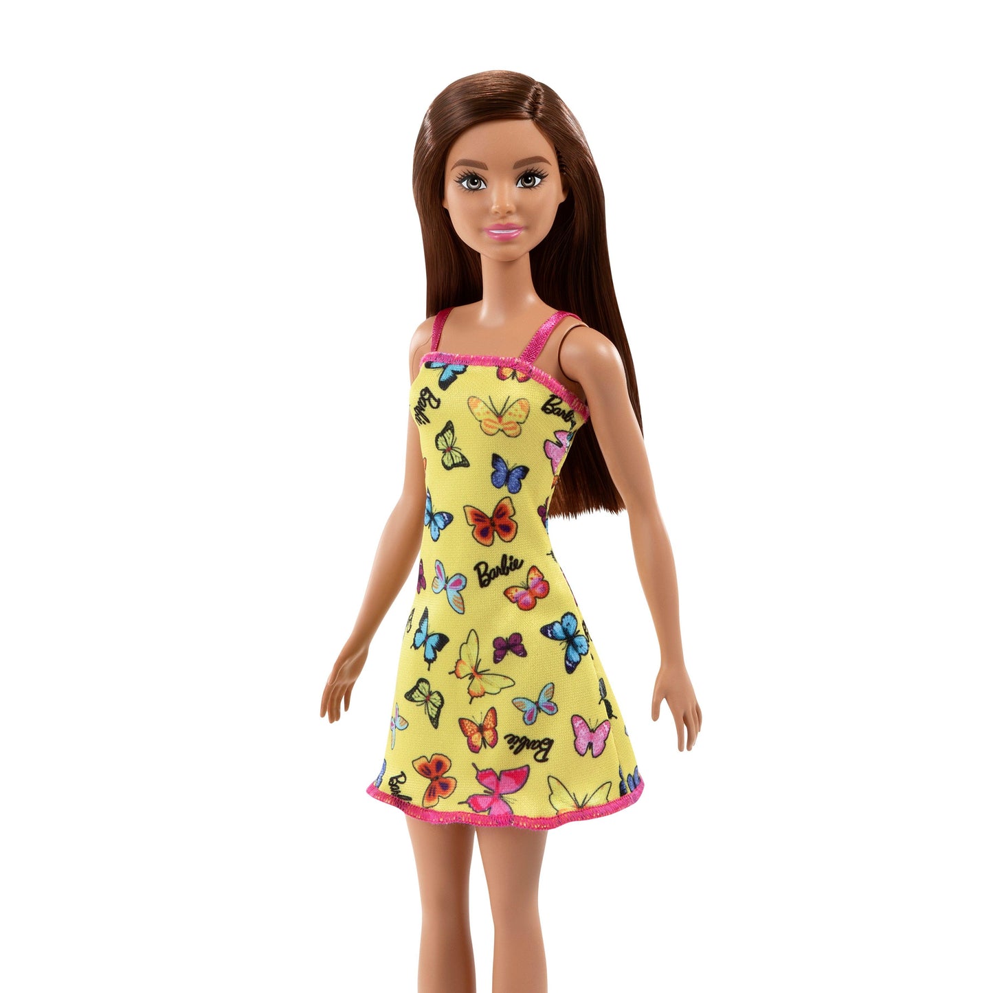 Barbie With Colorful Butterfly And Barbie Logo Print Dress & Strappy Heels - Yellow | Sams toy - samstoy.in