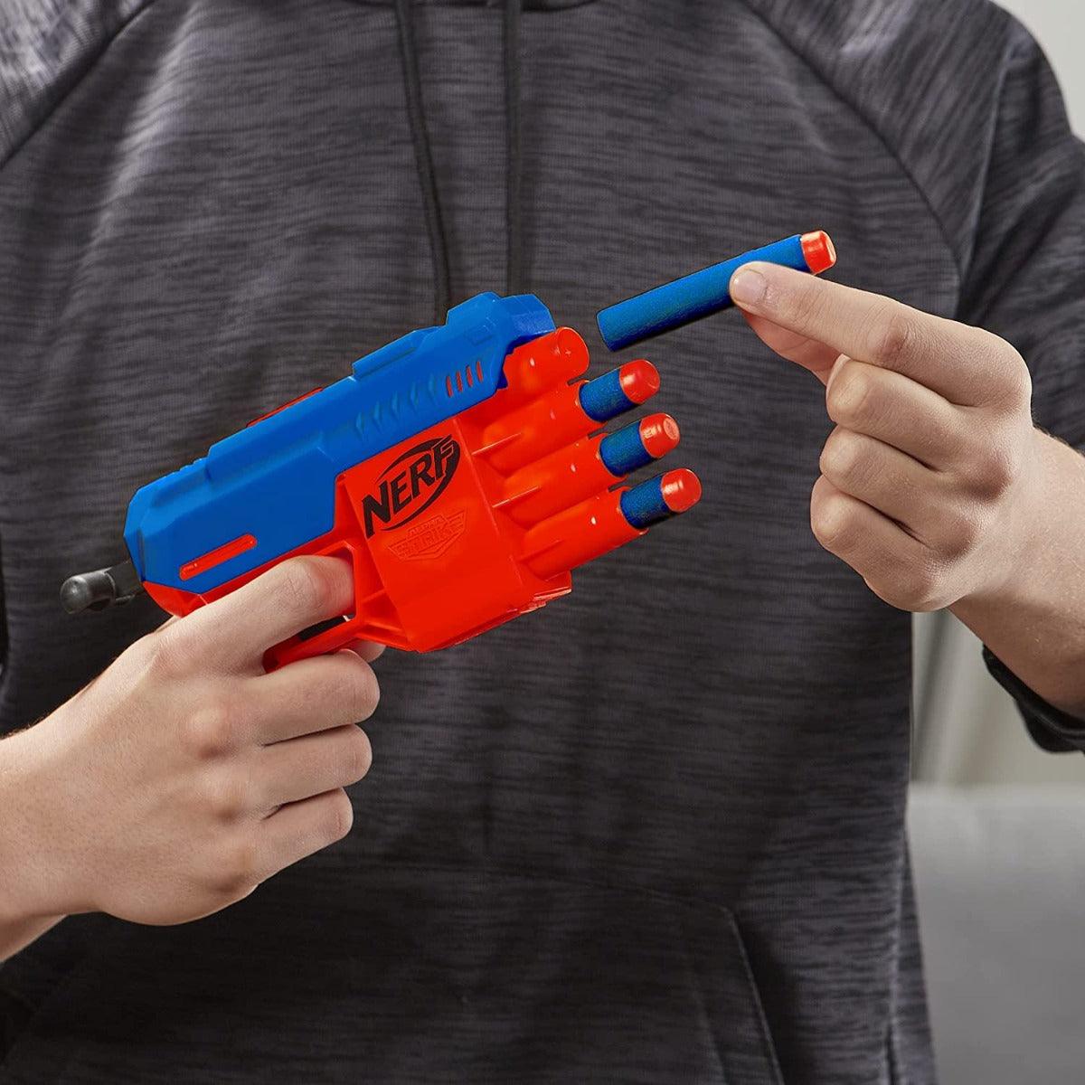 Nerf Alpha Strike Fang QS-4 Blaster, 4-Dart Blasting Fire 4 Darts In A Row, 10 Official Nerf Elite Darts Easy Load-Prime-Fire | hasbro | sams toy - samstoy.in