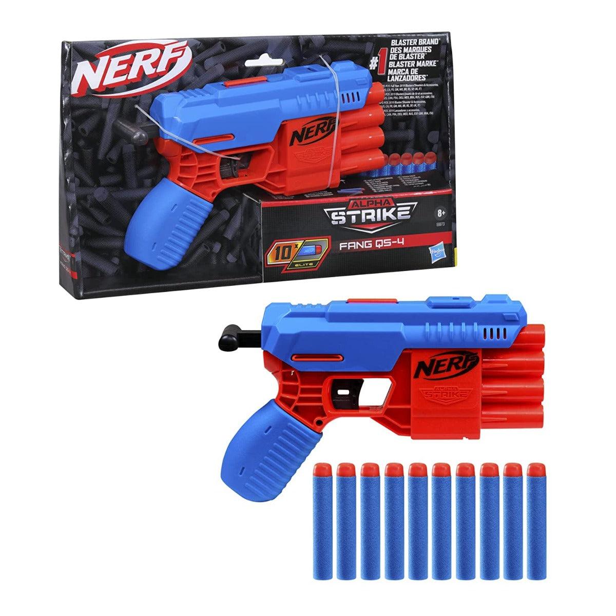Nerf Alpha Strike Fang QS-4 Blaster, 4-Dart Blasting Fire 4 Darts In A Row, 10 Official Nerf Elite Darts Easy Load-Prime-Fire | hasbro | sams toy - samstoy.in