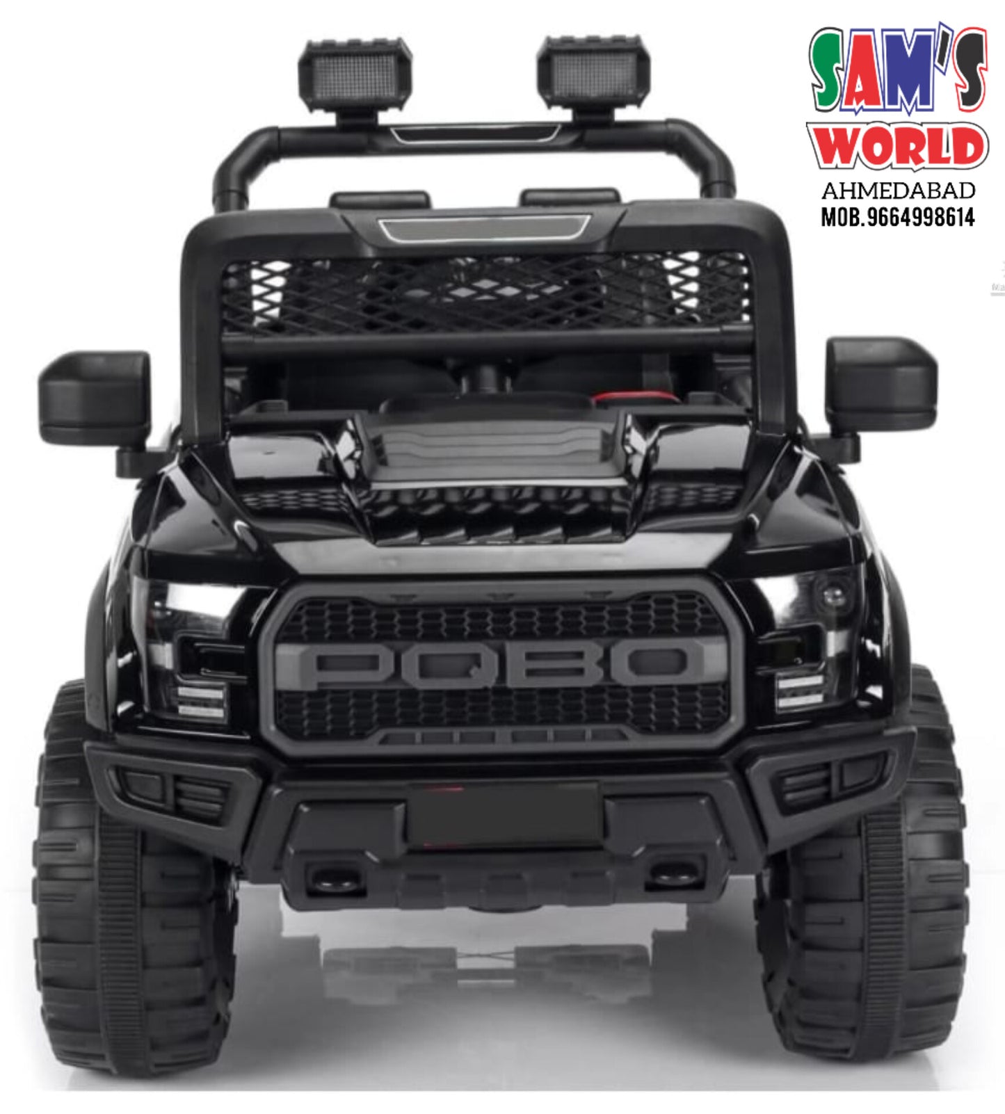 Black Pobo Kids Ride on Jeep with 12V Rechargeable Battery, Music, Lights and Remote Control | sams Toy World | Ahmedabad Gujarat