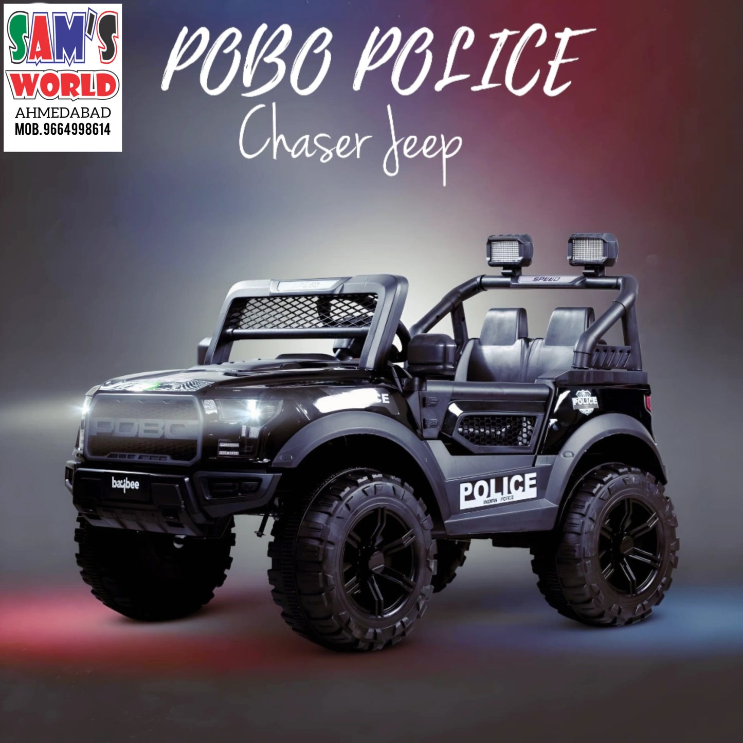 Black Pobo Kids Ride on Jeep with 12V Rechargeable Battery, Music, Lights and Remote Control | sams Toy World | Ahmedabad Gujarat