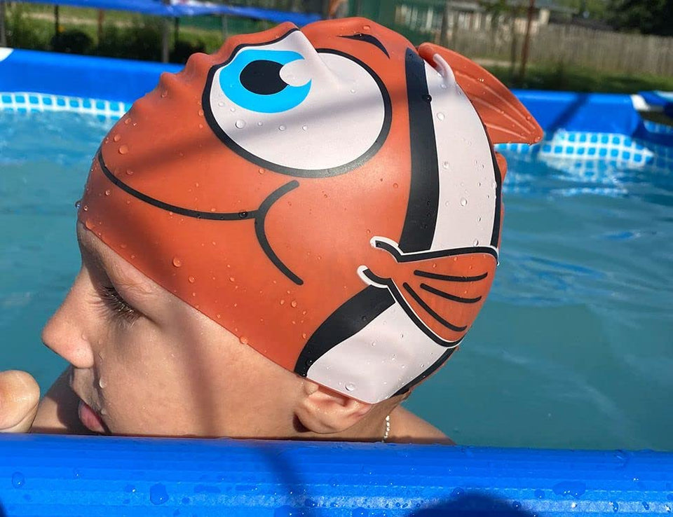 KIDS SILICONE SWIM CAPS FOR GIRLS AND BOYS, WITH FUN FISH PRINT, WATER FUN, POOL PARTY SWIMMING HEADGEAR HATS - BLUE samstoy.in