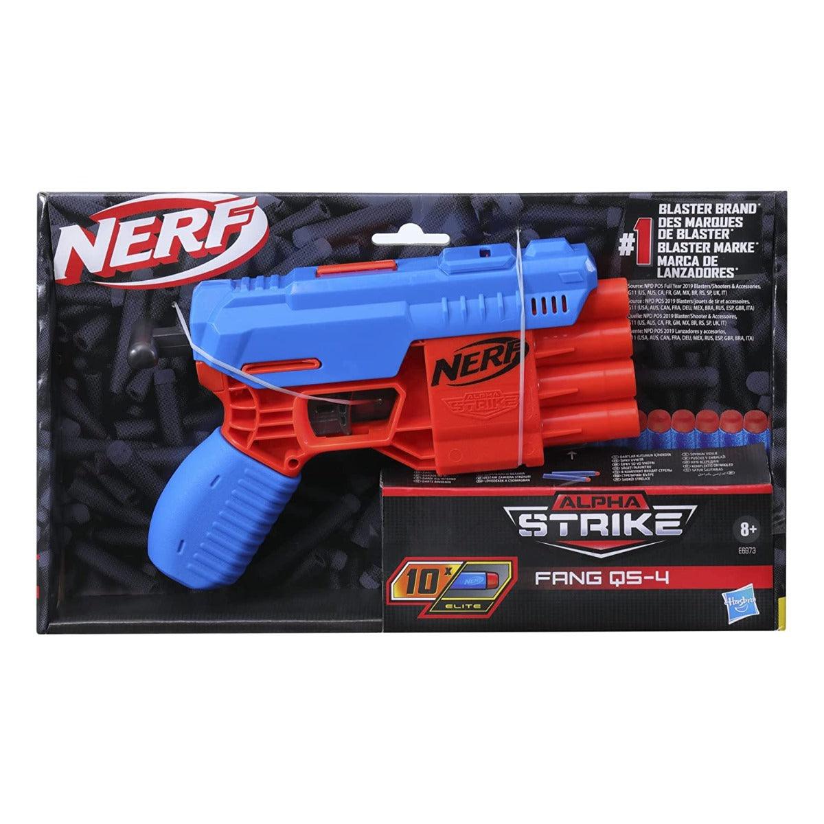 Nerf Alpha Strike Fang QS-4 Blaster, 4-Dart Blasting Fire 4 Darts In A Row, 10 Official Nerf Elite Darts Easy Load-Prime-Fire | hasbro | sams toy - samstoy.in