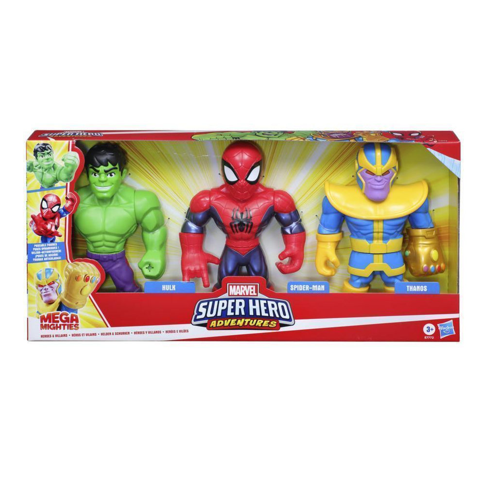 New Playskool Heroes Marvel Super Hero Adventures Mega Mighties 10-Inch 3 Pack, Thanos, Spider-Man, Hulk samstoy.in