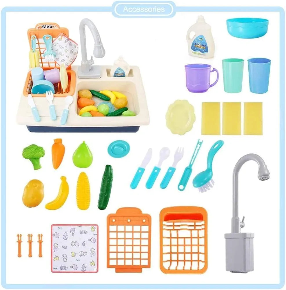 PULSBERY Plastic Toys Pretend Play Kitchen Set for 3 Year Old Girls, Kids Washbasin/Dishwasher Playset for Girls, Play Sink with Running Water Playset (Blue 02) samstoy.in