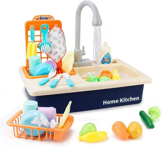 PULSBERY Plastic Toys Pretend Play Kitchen Set for 3 Year Old Girls, Kids Washbasin/Dishwasher Playset for Girls, Play Sink with Running Water Playset (Blue 02) samstoy.in