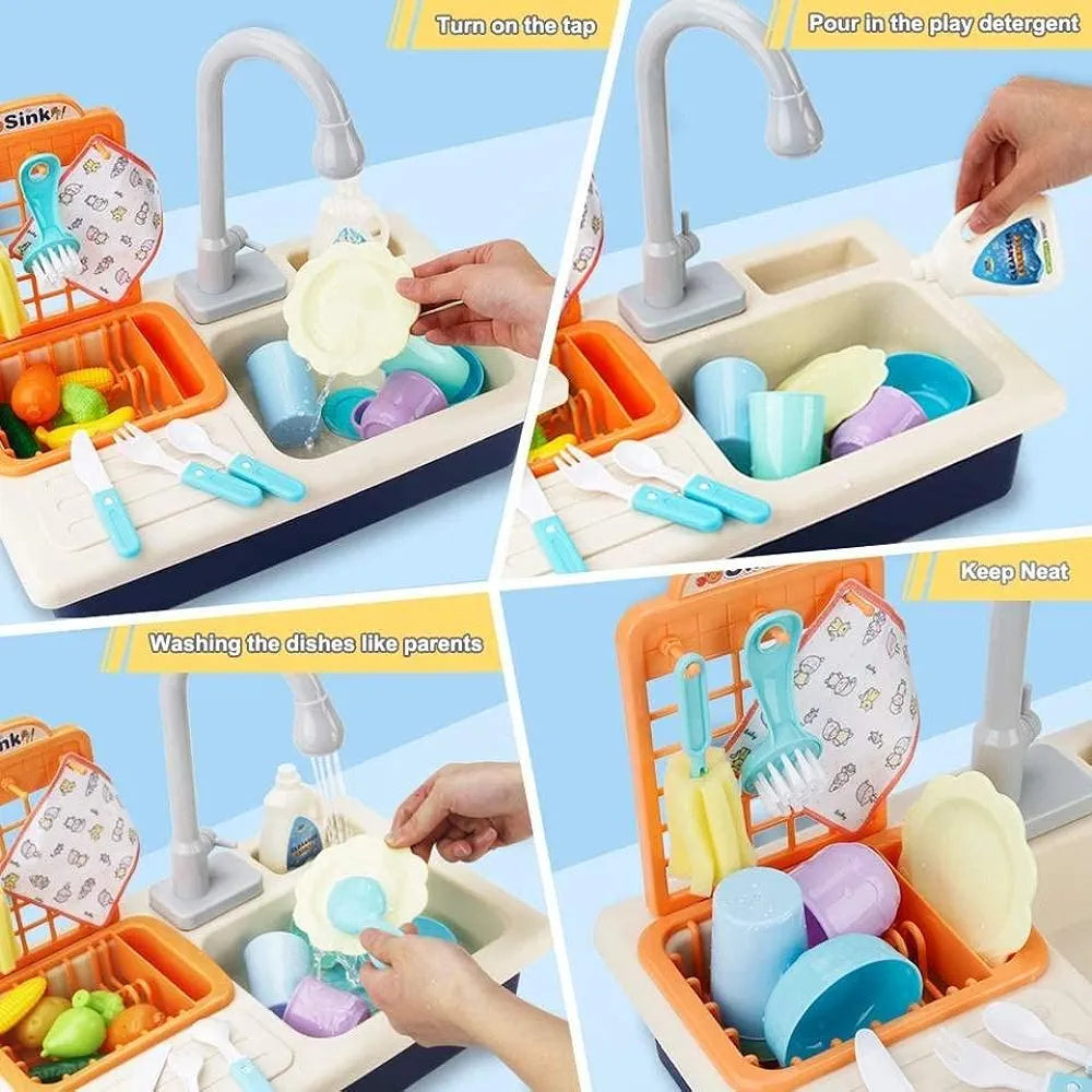 PULSBERY Plastic Toys Pretend Play Kitchen Set for 3 Year Old Girls, Kids Washbasin/Dishwasher Playset for Girls, Play Sink with Running Water Playset (Blue 02) samstoy.in