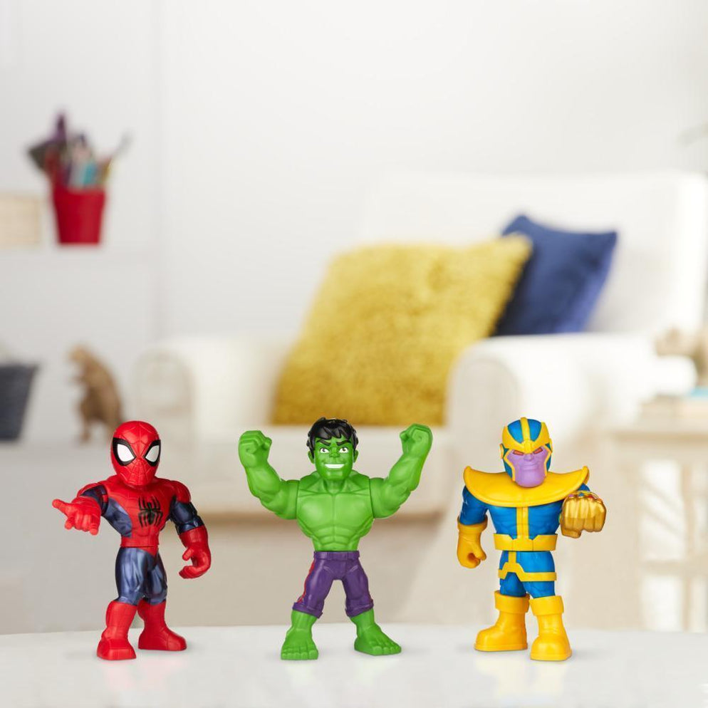 New Playskool Heroes Marvel Super Hero Adventures Mega Mighties 10-Inch 3 Pack, Thanos, Spider-Man, Hulk