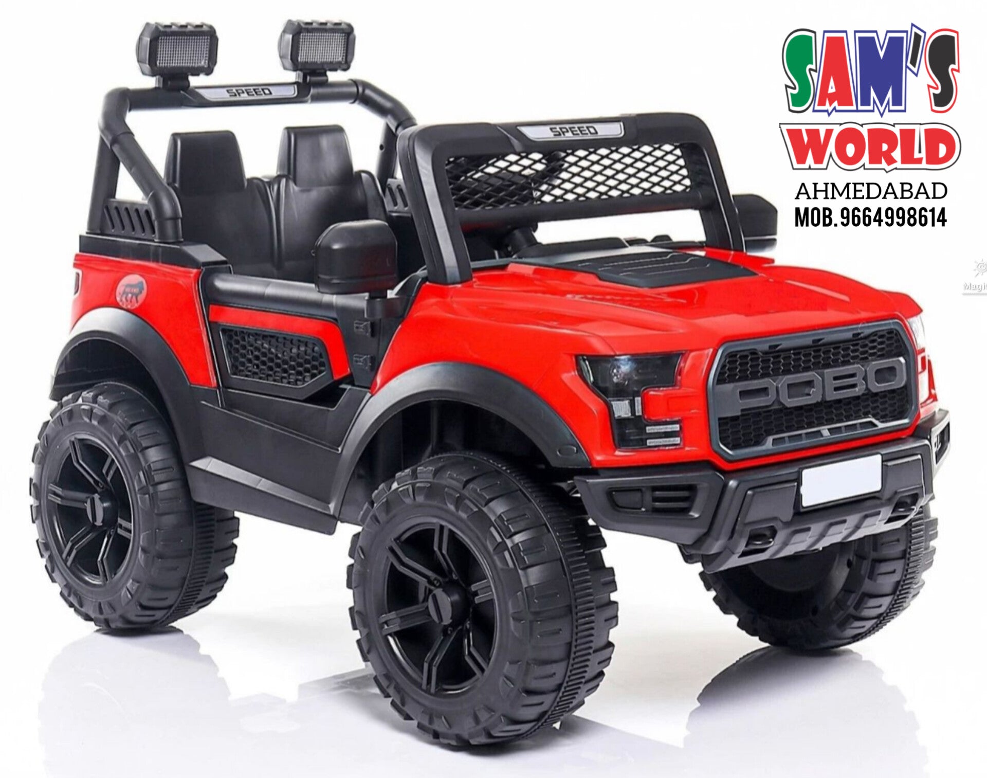 Red Pobo Kids Ride on Jeep with 12V Rechargeable Battery, Music, Lights and Remote Control | sams Toy World | Ahmedabad Gujarat samstoy.in