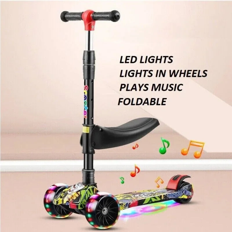 Sam's Toy World Wheeled Scooter with Wheel Lights for Kids 2-in-1 Sit/Stand Child Toddlers Toy Kick Scooters Flip-out Seat Adjustable Height