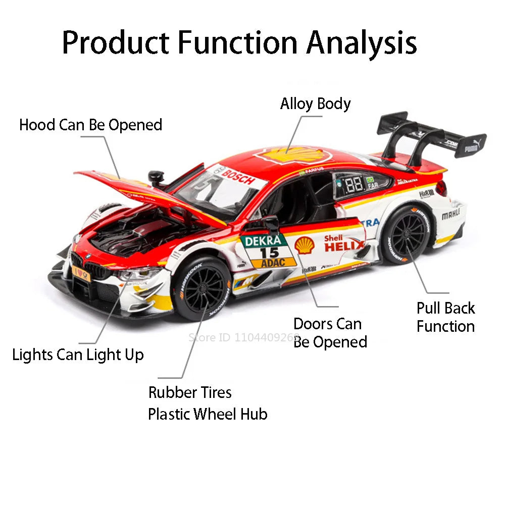 Sam's Toy World 1:32 Scale BMW M4 DTM Car Model Toy Doors Opened Metal Diecast Music Light Pull Back Racing Cars Models Toys Kids Hobby Gifts
