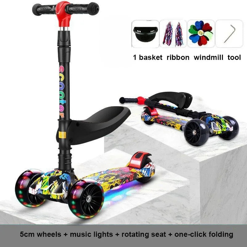 Sam's Toy World Wheeled Scooter with Wheel Lights for Kids 2-in-1 Sit/Stand Child Toddlers Toy Kick Scooters Flip-out Seat Adjustable Height