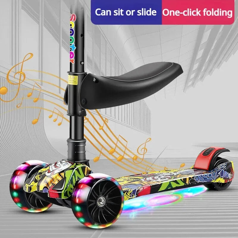 Sam's Toy World Wheeled Scooter with Wheel Lights for Kids 2-in-1 Sit/Stand Child Toddlers Toy Kick Scooters Flip-out Seat Adjustable Height
