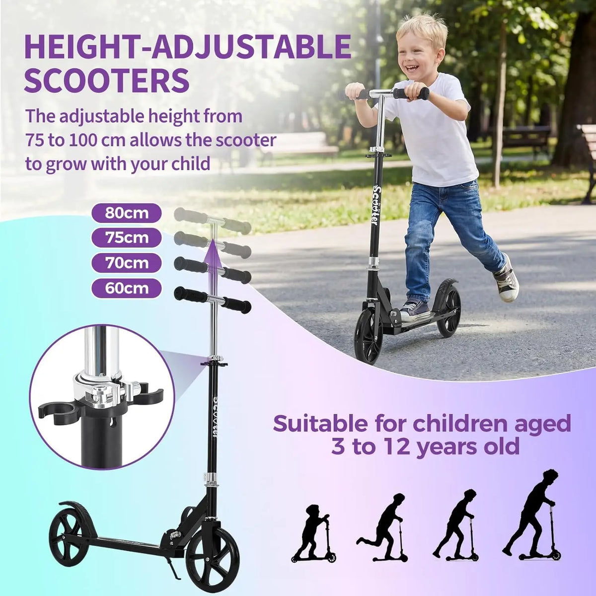 Sam's Toy World Ride Kick Scooter for Kids Teens & Adults Ages 3-12 Years, Foldable Lightweight Design, Large 2 Wheels, Adjustable Handlebar, Non-Slip Deck & Sturdy Aluminum Frame jumbo size